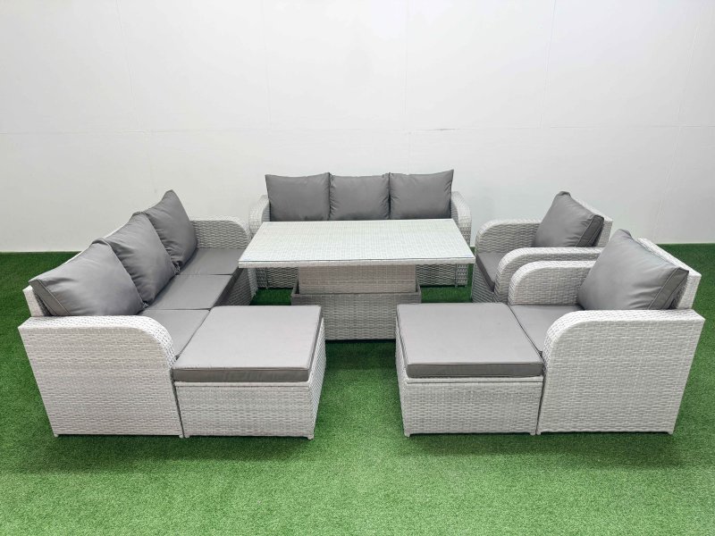 Fimous PE Rattan High Back Lounge Sofa Set Patio Adjustable Lifting Dining or Coffee Table & Chairs Set with 3 Seater Sofa Reclining Chair 2 Big Footstool Light Grey