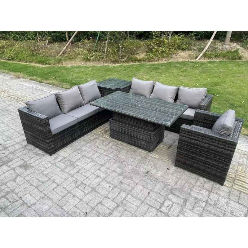 Fimous 7 Seater Wicker PE Garden Furniture Rattan Sofa Set Outdoor Adjustable Rising Lifting Dining Table Set with Armchair Side Table Dark Grey Mixed