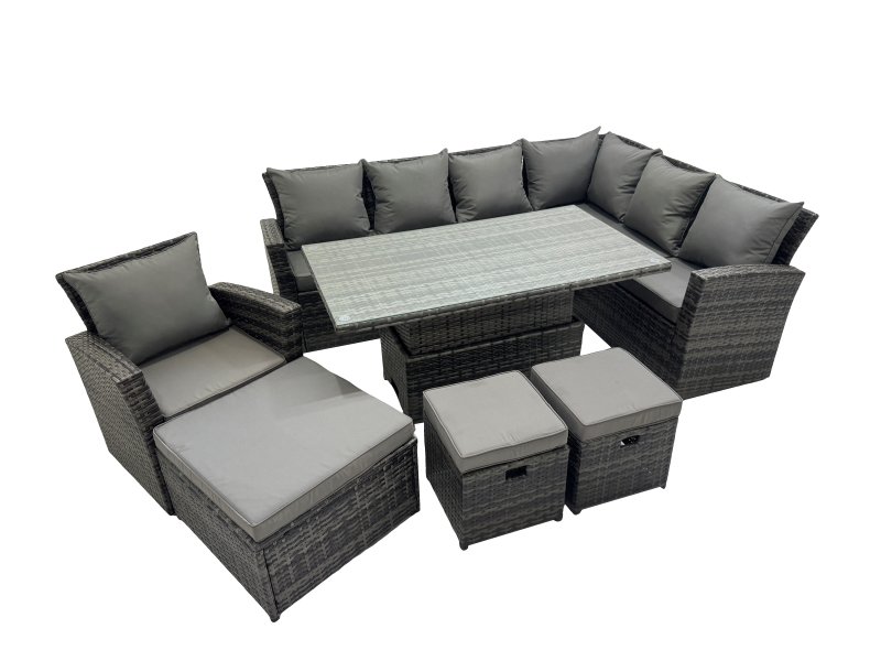 Fimous 10 Seat Rattan Garden Furniture Corner Sofa Set Outdoor Adjustable Lifting Dining or Coffee Table Set with 3 Footstools Dark Grey Mixed