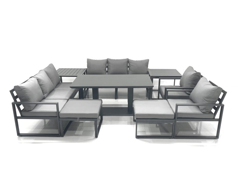 Fimous Garden Sofa Set Aluminium Furniture Rising Dining Tabe Set with 2 Chair 2 Big Footstools 2 Side Table Dark Grey