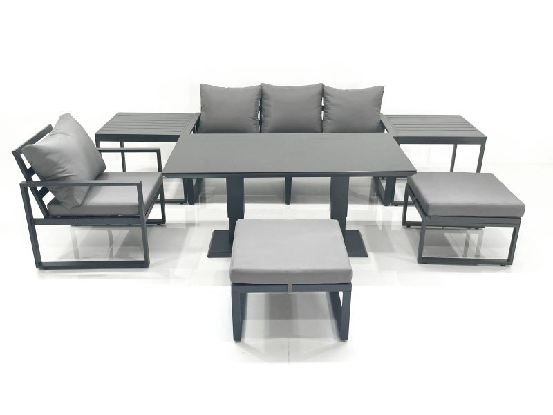 Fimous 6 Seater Garden Sofa Set Aluminium Furniture Rising Dining Tabe Set with Chair 2 Big Footstool 2 Side Tables Dark Grey
