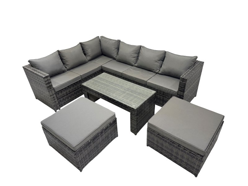 Fimous 5 Pieces Outdoor PE Rattan Garden Furniture Corner Sofa Oblong Coffee Table Set with Cushions 2 Big Footstools Dark Grey Mixed