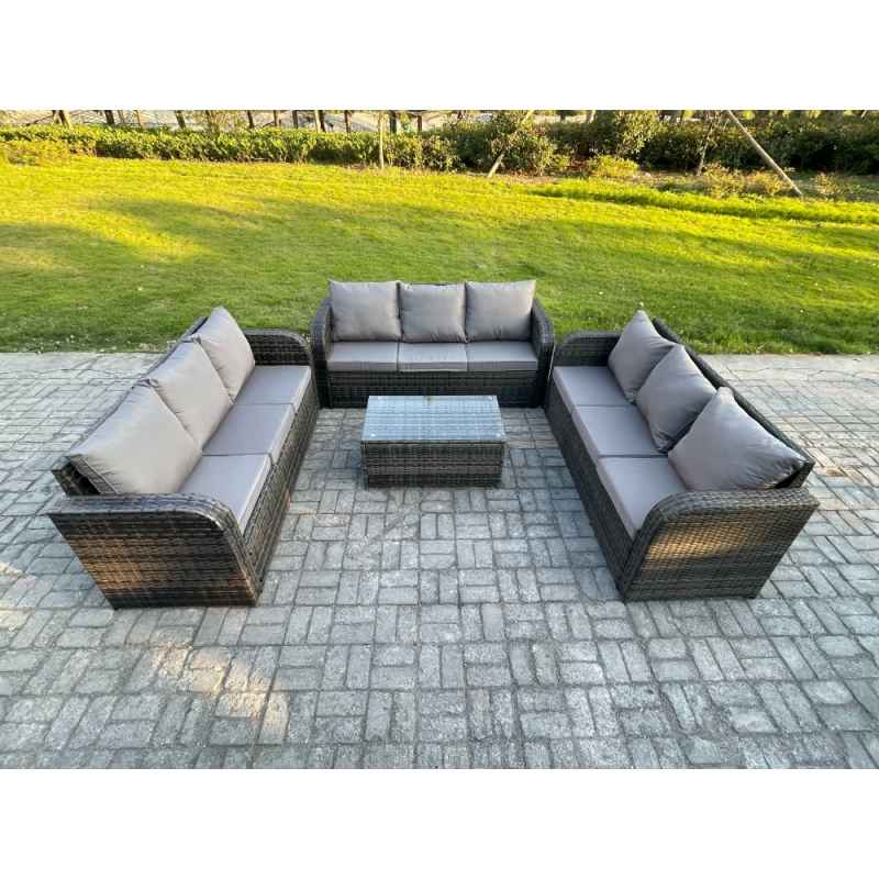 Fimous Rattan Lounge Sofa Set 9 Seater Outdoor Garden Furniture Set with Rectangular Coffee Table 3 Seater Sofa Dark Grey Mixed
