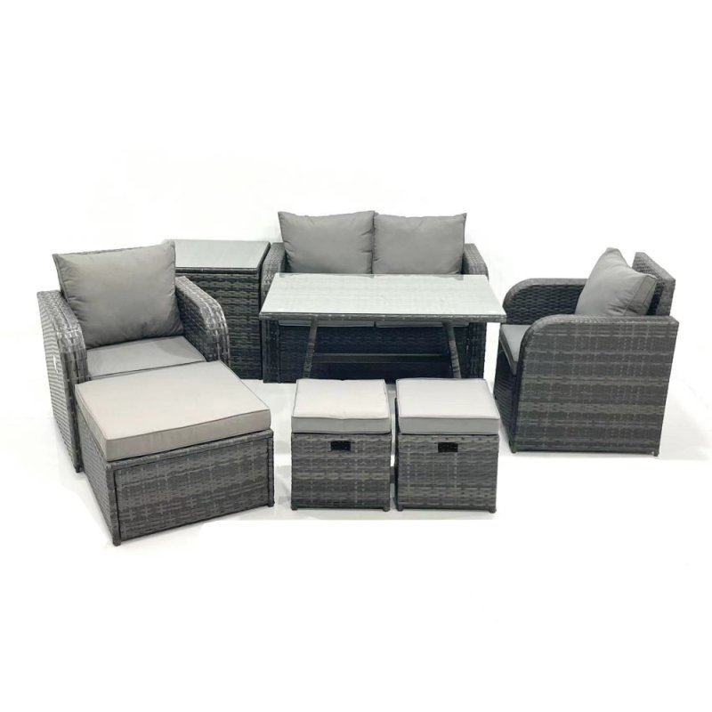 Fimous Outdoor Garden Furniture Set Rattan Sofa Dining Table Set with Reclining Chair 3 Footstool Side Table Dark Grey Mixed