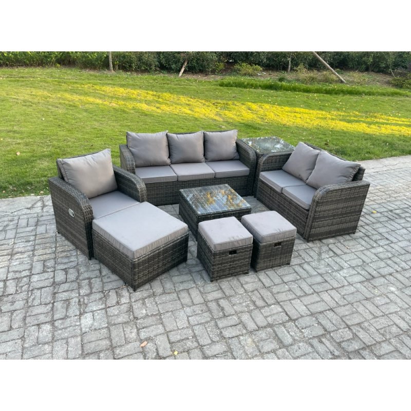 Fimous Rattan Garden Furniture 8 Piece Patio Set With Table Sofa Square Coffee Table Reclining Chair Love seat sofa Side 3 Seater Sofa 3 Footstools Side Table