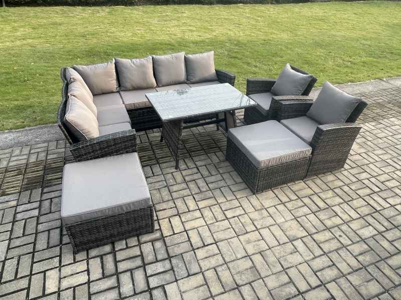 Fimous High Back Outdoor Garden Furniture Set Rattan Corner Sofa Dining Table Set With 2 Big Footstool 2 Armchairs Dark Grey Mixed