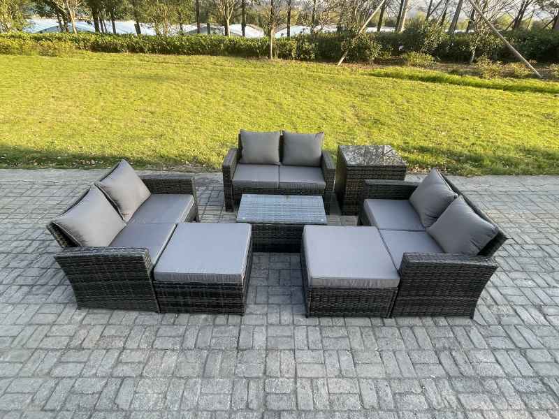 Fimous 7 pc Rattan Sofa Garden Furniture Outdoor Patio Set with Side Tables 2 Big Footstool Love Seat Sofa Dark Grey Mixed