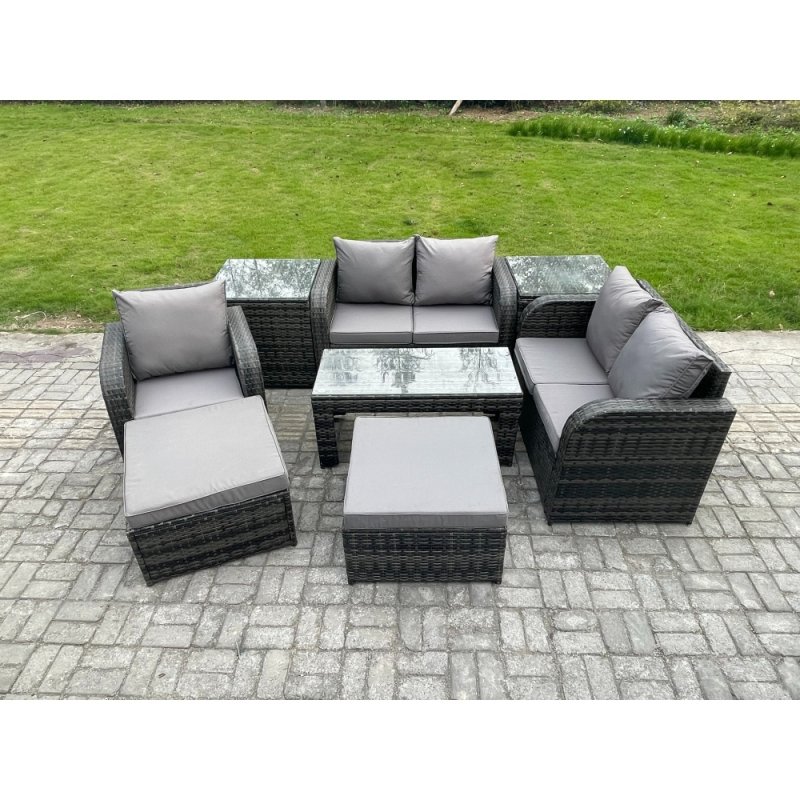 Fimous 8 Pcs Rattan Outdoor Garden Furniture Sofa Set Patio Table & Chairs Set with 2 Side Tables 2 Big Footstool Dark Grey Mixed