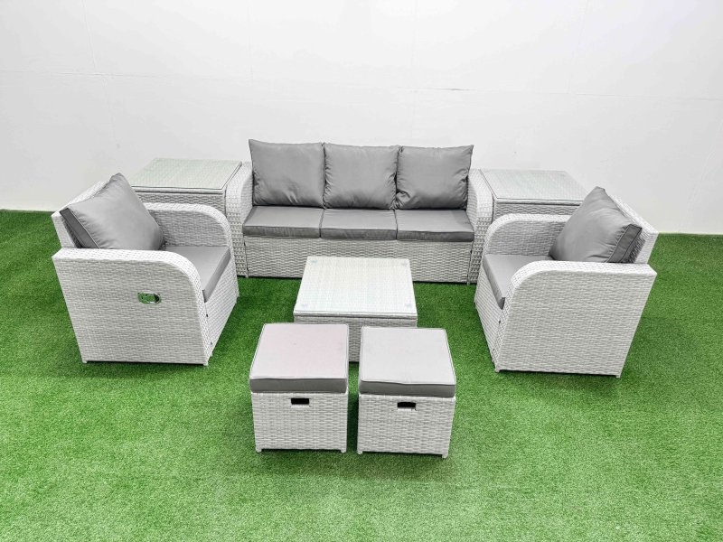 Fimous PE Rattan Garden Furniture Set Reclining Chair Sofa Lounge Sofa Set Square Coffee Table 2 Side Table 2 Small Stools Light Grey