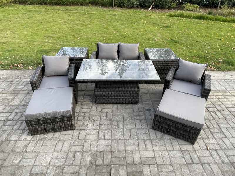 Fimous High Back Rattan Garden Furniture Sofa Sets with Height Adjustable Rising Lifting Table 2 Side Tables 2 Big Footstool Dark Grey Mixed