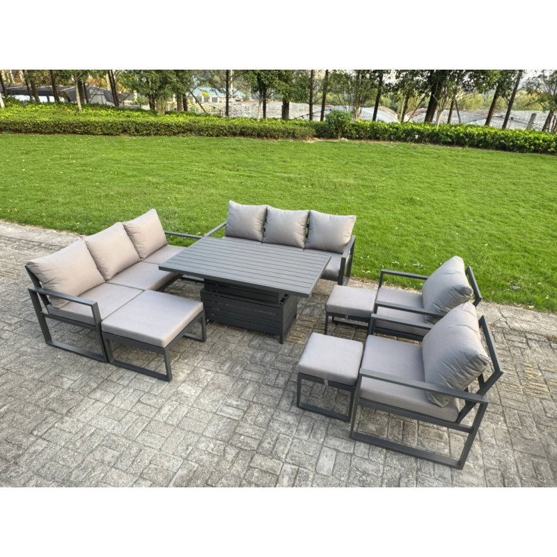 Fimous Garden Aluminium Furniture Set Dark Grey 10 Seater Outdoor Patio Adjustable Rising Lifting Dining Table with 2 Big Footstools 2 Side Tables Dark Grey