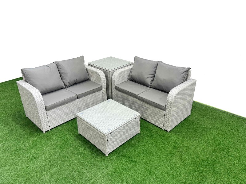 Fimous 4 Seater Outdoor Love Sofa Set Rattan Garden Furniture Set with Square Coffee Table Side Table Light Grey
