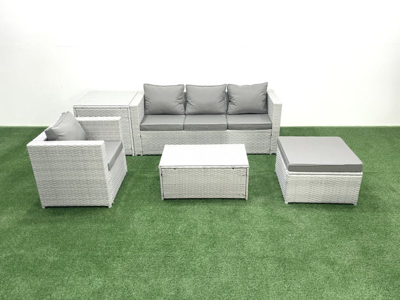 Fimous 5 Pieces Rattan Garden Furniture Set Outdoor Garden Sofa Chair Coffee Table Set with Side Table Big Footstool Light Grey Mixed