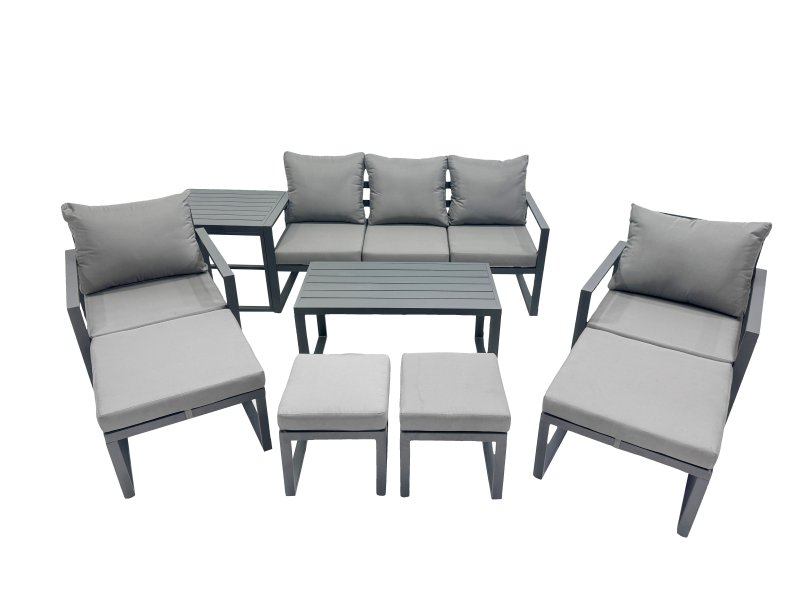 Fimous 9 Seat Outdoor Garden Furniture Set Aluminium Lounge 3 Seat Sofa Oblong Coffee Table Sets with Chair 4 Stools Side Table Dark Grey