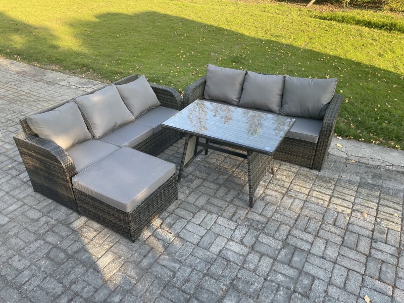 Fimous 7 Seater Garden Furniture Sofa Set Rectangular Dining Table Big Footstool Indoor Outdoor Rattan Set Dark Grey Mixed