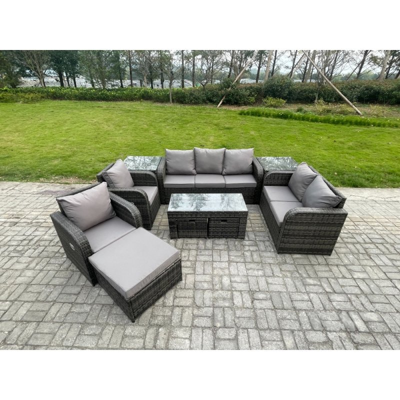 Fimous 10 Seater Outdoor Rattan Garden Furniture Set Rattan Lounge Sofa Set with Rectangular Coffee Table 2 Side Tables 3 Footstools Dark Grey Mixed