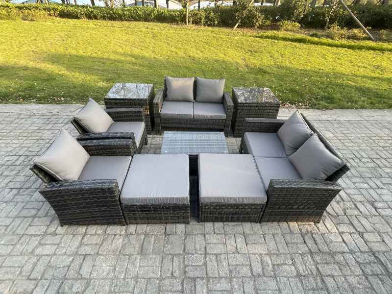 Fimous Garden Furniture Sets 9 Pieces Outdoor Rattan Furniture Manual Wicker Patio Sofa Chair Set with Coffee Table 2 Big Footstool 2 Side Tables Dark Grey Mixed