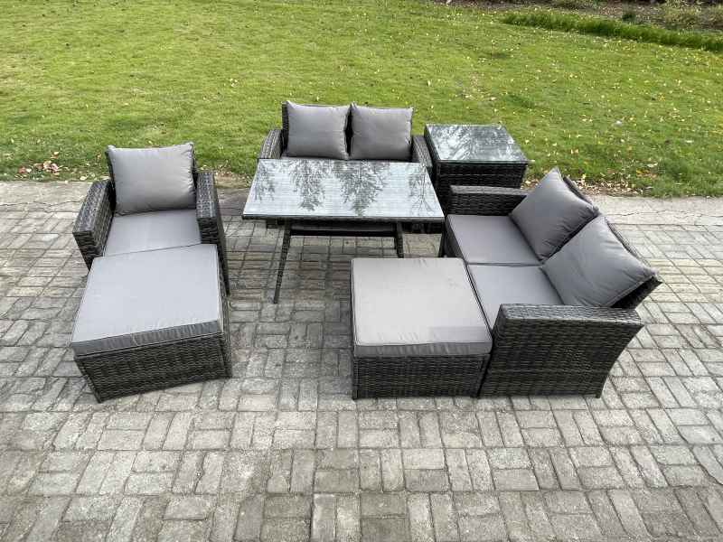 Fimous Garden Dining Set Wicker PE Rattan Outdoor Furniture Sofa with Rectangular Dining Table Double Seat Sofa Side Table 2 Big Footstool Dark Grey Mixed