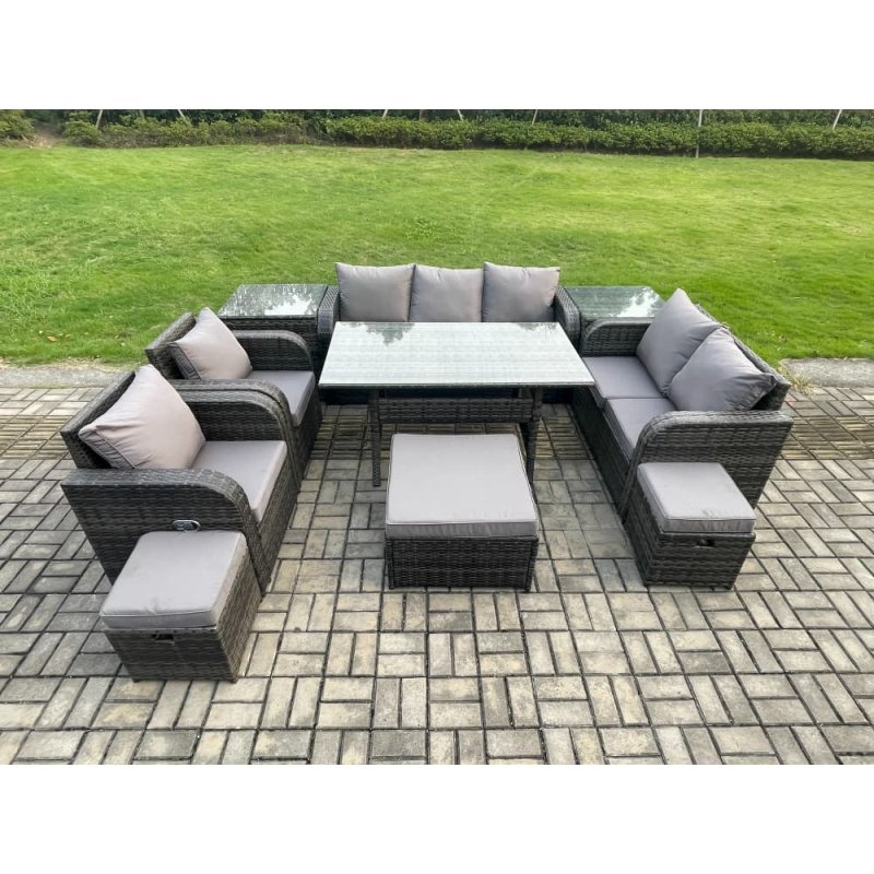 Fimous 10 Seater Garden Rattan Furniture Dining Table Sofa Set Indoor Outdoor with 2 Reclining Chairs 2 Side Tables 3 Footstools Dark Grey Mixed