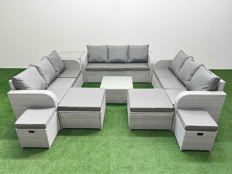 Fimous 13 Seater Outdoor Garden Furniture Set PE Rattan Lounge Sofa Set with Coffee Table 3 Seater Sofa 4 Footstools Side Table Light Grey