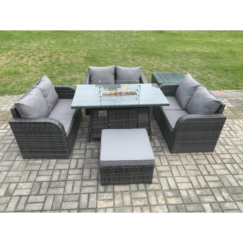 Fimous Rattan Outdoor Garden Furniture Sofa Set Gas Fire Pit Dining Table Gas Heater with Side Table Love Sofa Big Footstool Dark Grey Mixed