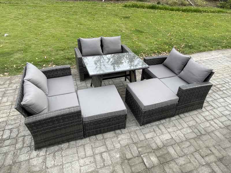 Fimous 8 Seater Garden Dining Set Wicker PE Rattan Outdoor Furniture Sofa with Rectangular Dining Table Double Seat Sofa 2 Big Footstool Dark Grey Mixed