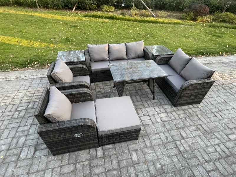 Fimous 8 Seater High Back PE Rattan Sofa Set Outdoor Garden Furniture Dining Table Set With Reclining Chair 3 Seater Sofa Love Sofa 2 Side Tables Big Footstool