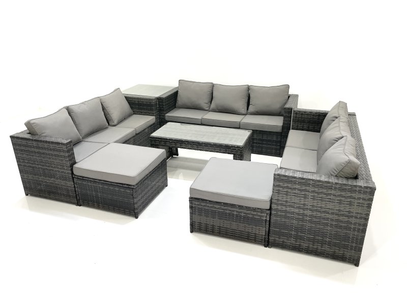 Fimous Outdoor Garden Furniture Set 7 Pieces Rattan Sofa Set with Coffee Table 2 Big Footstools Side Table Dark Grey Mixed