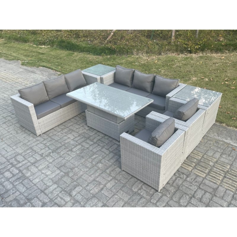 Fimous Rattan Garden Funiture Set Adjustable Rising Lifting Table Sofa Dining Set Lounge Sofa 2 Arm Chair 2 Side Table
