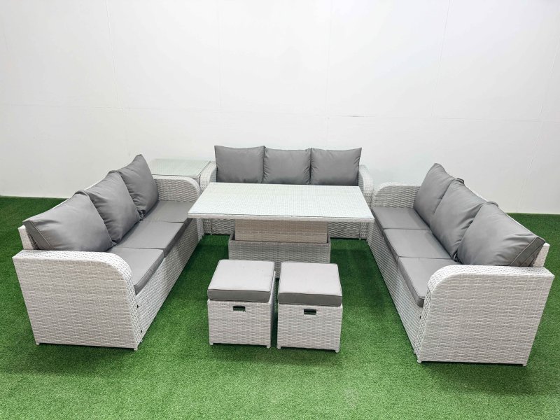 Fimous PE Rattan Lounge Sofa Set 11 Seater Outdoor Garden Furniture Set with Adjustable Lifting Dining or Coffee Table 3 Seater Sofa 2 Stools Side Table Light Grey