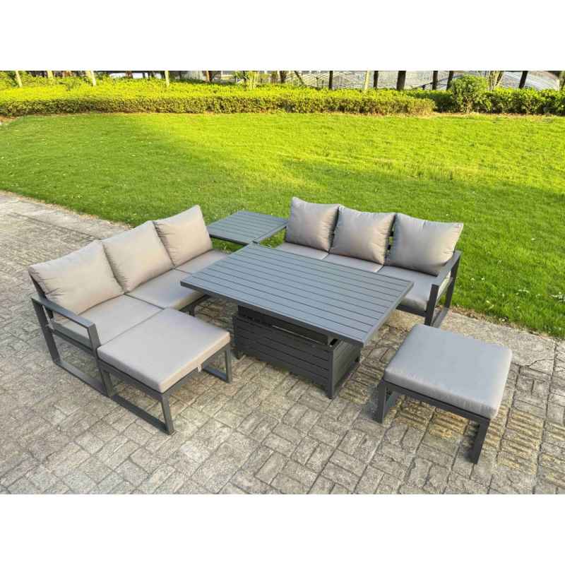 Fimous 5 Pieces Garden Furniture Set Aluminium Adjustable Rising Lifting Dining Table and Sofa Set with 2 Small Footstools Dark Grey