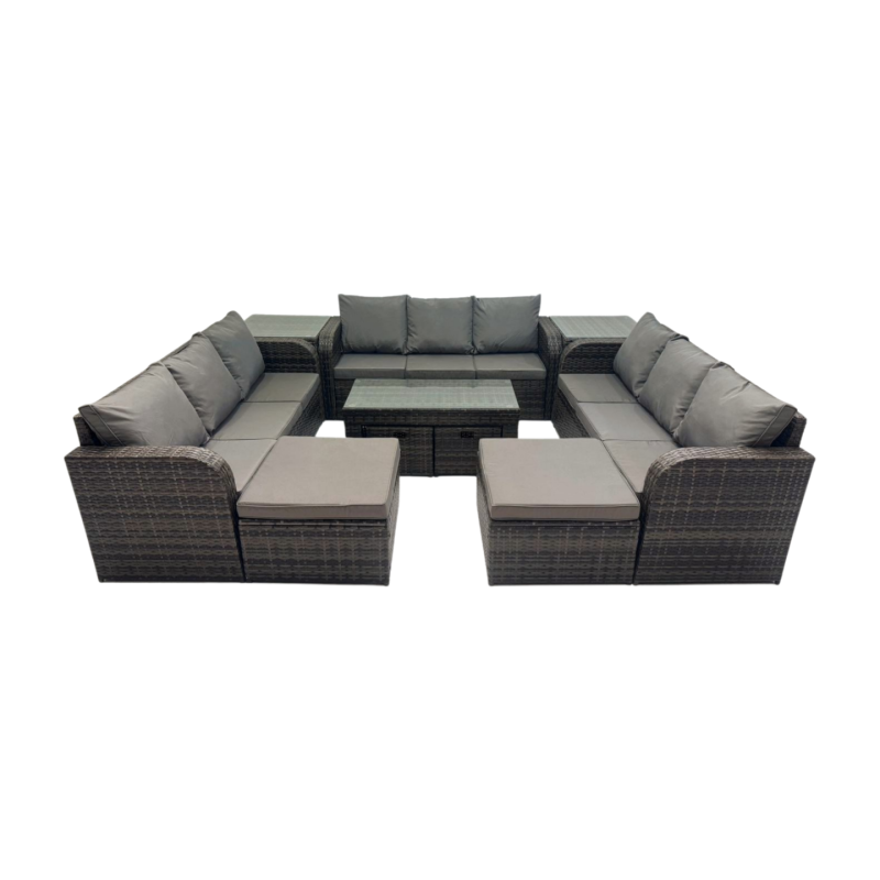 Fimous Rattan Garden Outdoor Furniture Set 3 Seater Sofa Coffee Table with 2 Side Tables 4 Footstools Dark Grey Mixed