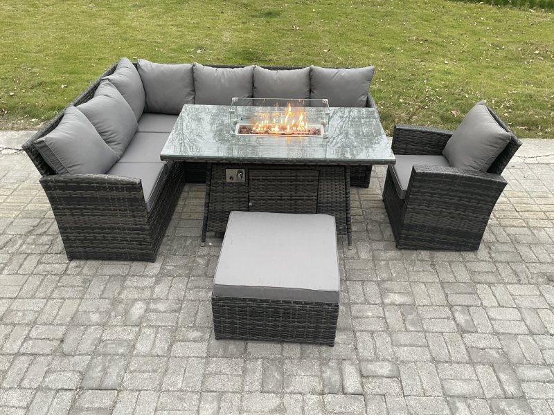 Fimous Rattan Garden Furniture High Back Corner Sofa Gas Fire Pit Dining Table Sets Gas Heater with Armchair Big Footstool 8 Seater Dark Grey Mixed