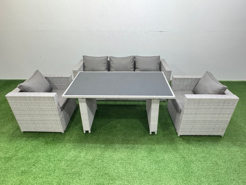 Fimous Patio Garden Furniture Sets with Black Glass Top Dining Table Armchair 3 Seater Sofa Light Grey