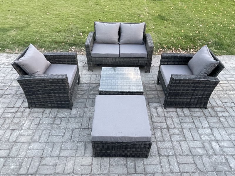 Fimous 5 PCS Outdoor Lounge Sofa Set Wicker PE Rattan Garden Furniture Set with Armchair Square Coffee Table Double Seat Sofa Big Footstool Dark Grey Mixed