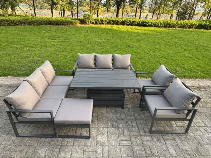 Fimous Garden Aluminium Furniture Set Dark Grey 8 Seater Outdoor Patio Adjustable Rising Lifting Dining Table with 2 Chairs 2 Side Tables Dark Grey