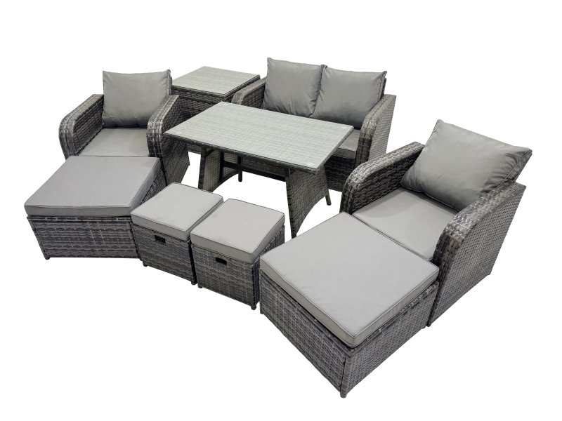 Fimous 8 Seater Garden Outdoor Rattan Furniture Set Rattan Sofa Oblong Dining Table with 2 Big Stools Side Table Dark Grey