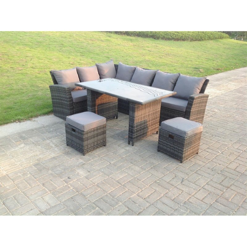 Fimous High Back Grey Mixed Rattan Corner Sofa Dining Set Table With Stools 8 Seater left corner