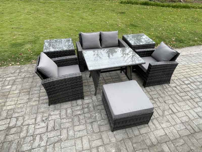 Fimous 5 Seater Outdoor Garden Furniture High Back Rattan Sofa Dining Table Set with 2 SideTables Big Footstool Dark Grey Mixed
