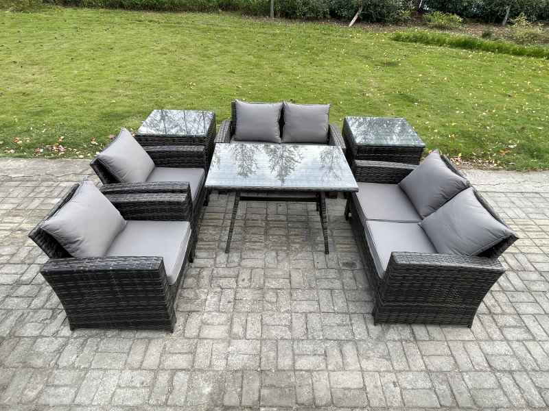Fimous Rattan Garden Furniture Set Patio Outdoor Lounge Sofa Set with Rectangular Dining Table Love Seat Sofa 2 Side Tables Dark Grey Mixed