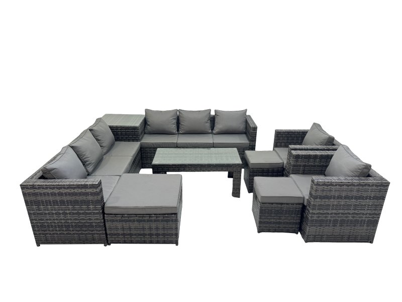 Fimous Garden Rattan Outdoor Furniture Set 11 Seater Patio Corner Sofa Oblong Coffee Table with Chair 3 Stools Side Table Dark Grey