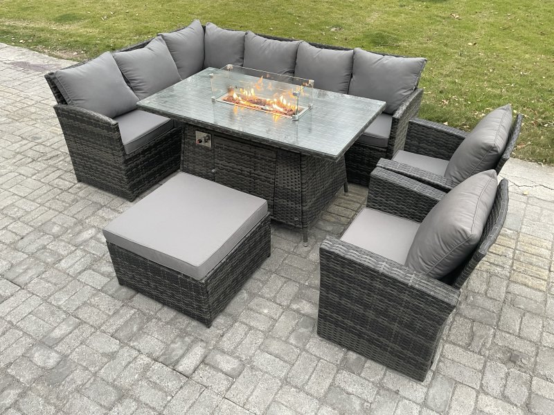 Fimous 9 Seater Outdoor Rattan Garden Furniture Set Corner Sofa Gas Fire Pit Dining Table Sets Gas Heater with Big Footstool 2 Armchair Dark Grey Mixed