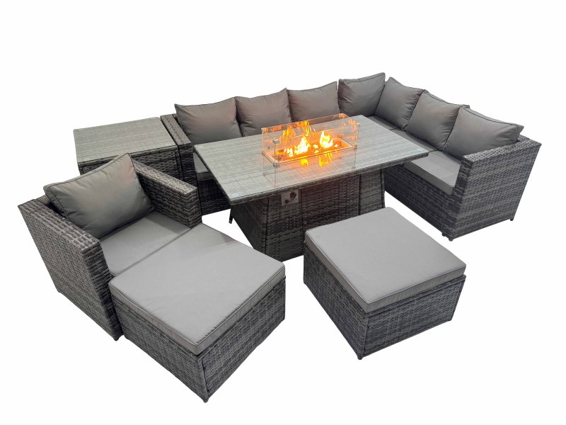 Fimous Garden Rattan Furniture Set 9 Seater Outdoor Corner Sofa Chair Gas Firepit Dining Table Set with 2 Big Stools Side Table Dark Grey