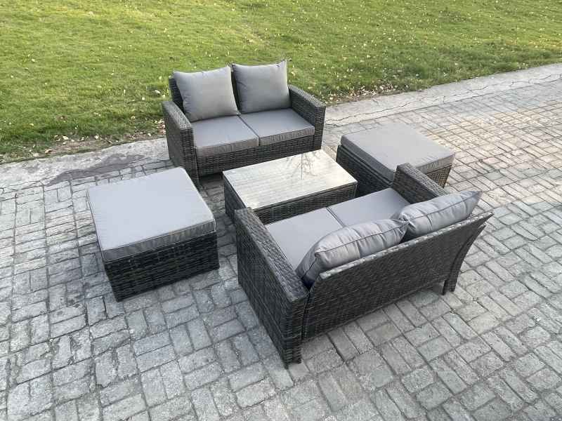 Fimous Wicker Rattan Garden Furniture Sofa Set with Rectangular Coffee Table Double Seat Sofa 2 Big Footstool 6 Seater Outdoor Rattan Set Dark Grey Mixed