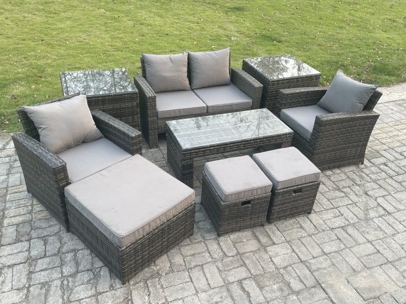Fimous 9 PCS Outdoor Lounge Sofa Set Wicker PE Rattan Garden Furniture Set with Rectangular Coffee Table Armchair 3 Footstools Dark Grey Mixed