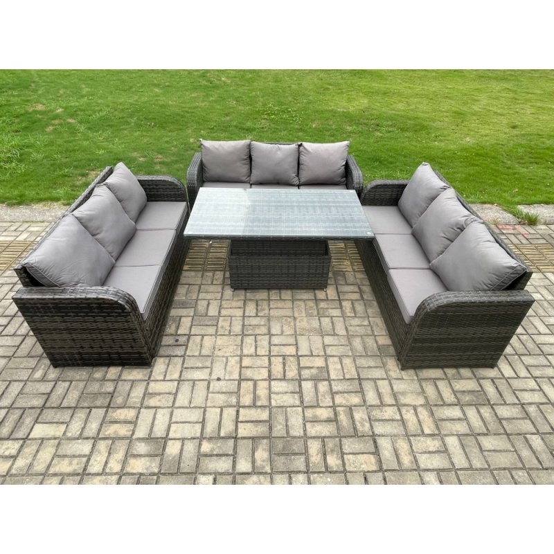 Fimous Patio Garden Dining Set Outdoor Rattan Furniture Lounge Sofa Height Adjustable Rising lifting Table Dark Grey Mixed