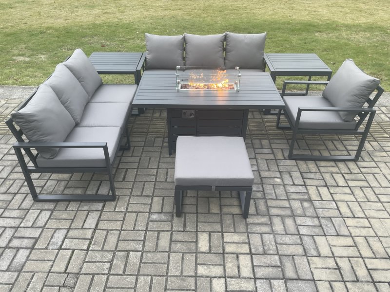 Fimous Aluminium 7 Pieces Garden Furniture Sofa Set with Cushions 8 Seater Gas Fire Pit Dining Table Set with 2 Side Tables Big Footstool Dark Grey