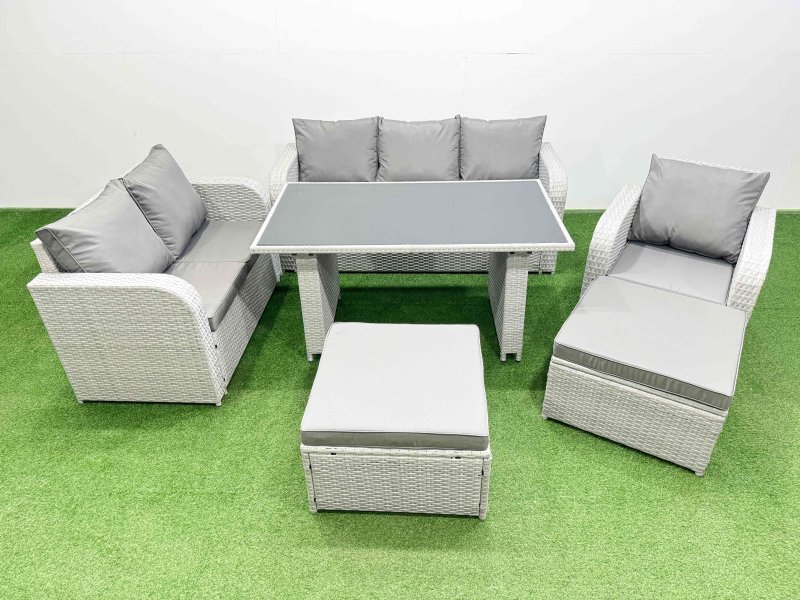 Fimous Rattan Outdoor Table Reclining Chair Sofa Set with 2 Big Stools Light Grey 8 Seater