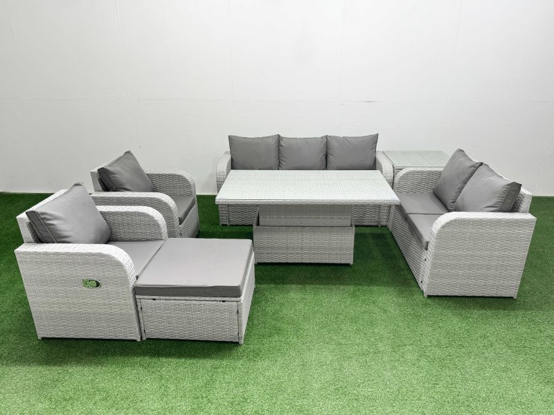 Fimous PE Rattan Garden Furniture Set Reclining Chair Sofa Double Love Seat 2 Seater Sofa Lounge Set Adjustable Lifting Dining or Coffee Table Big Footstool Side Table Light Grey
