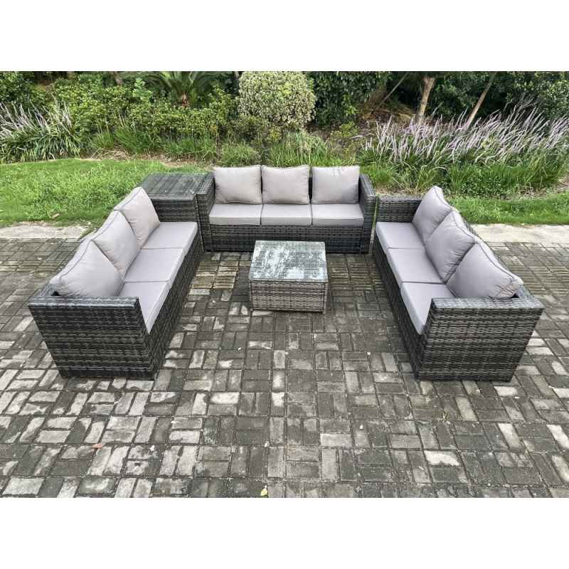 Fimous Rattan Garden Furniture Set 9 Seater Patio Outdoor Lounge Sofa Set with Side Table Square Coffee Table Dark Grey Mixed